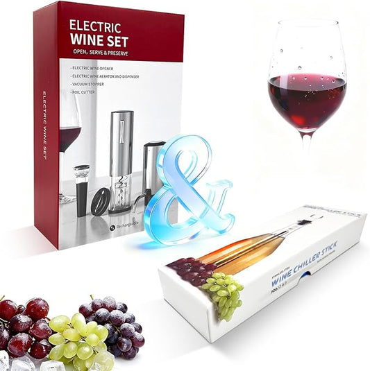 Rechargeable Electric Aeartor and Wine Opener Set with 3-in-1 Stainless Steel Bottle Cooler - Automatic Aerator, Automatic Corkscrew, Wine Chille, Vacuum Sealer, Foil Cutter, Valentine gift