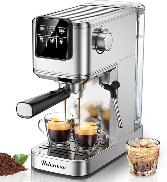 RELEXNOW Espresso Machine, 20 Bar Espresso Maker Milk Frother & LCD Panel, Hot & Iced Coffee Machine, Stainless Steel Espresso Coffee Machine with 41oz Water Tank for Cappuccino, Latte
