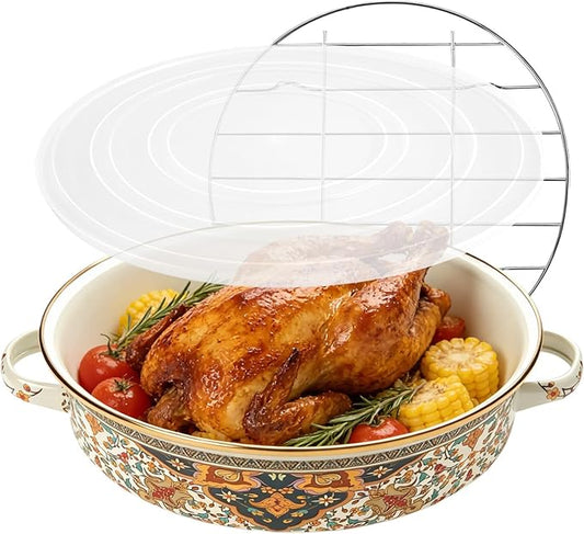 11 Inch Enamel Roasting Pan with Rack and Lid, Russian Style Deep Round Oven Baking Pot Roaster Pan Set for Chicken, Turkey Breast, Lasagna, Oven to Table, Stovetop Safe