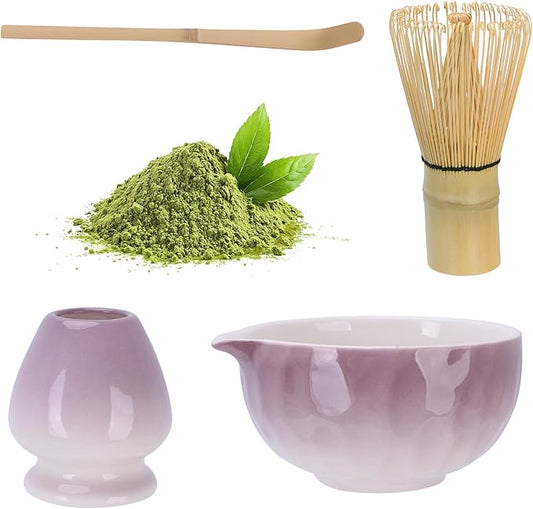 Matcha Whisk Set,4pcs Matcha Set Whisk and Bowl with Spout,Ceramic Matcha Whisk Holder,Scoop(Chashaku),Matcha Kit for Matcha Lovers Kitchen Matcha Accessories,Ideal Gift Christmas(Gradient Purple)