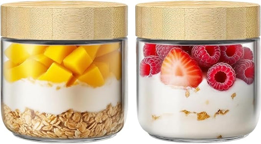 2 Pack 10oz Glass Jars with Bamboo Lids, Overnight Oats Containers with Airtight Lids, Storage Containers Wide Mouth Mason jars for Salad,Yogurt, Sugar, Snacks, Spices