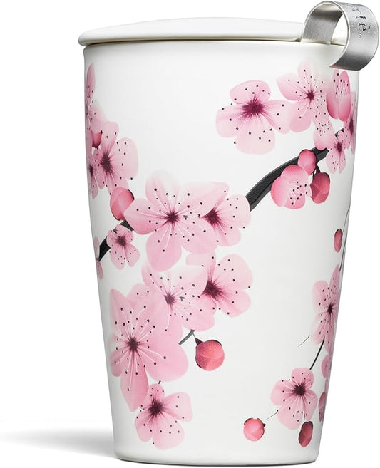 Tea Forte Double-Walled Ceramic Kati Cup, Removable Stainless Steel Infuser Basket and Lid, Steeps 12 oz Loose Leaf Tea, Dishwasher & Microwave Safe, Gifts for Mom, Hanami