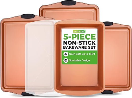NutriChef 5-Piece Bakeware Set – Premium Non-Stick, Stackable Kitchen Baking Pans with Silicone Handles – Includes 3 Cookie Sheets, Baking Pan & Lid – Perfect for Cakes, Cookies & Brownies