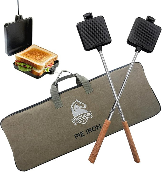 Campfire Pie Iron 4.9" Large Cast Iron Sandwich Maker for Camping 2 Pcs with Storage Bag - 21.7 inch Adjustable Handles - Campfire Cooking Equipment for Grilling & Outdoor Cooking