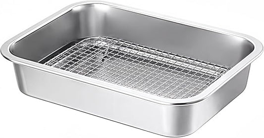 Stainless Steel Sturdy Roasting Pan with Cooling Rack – Oven, Toaster & Grill Safe, Deep Edge, Smooth Finish, Dishwasher Safe – Perfect for Turkey, Chicken, BBQ (12.4x8.5x2.8in)