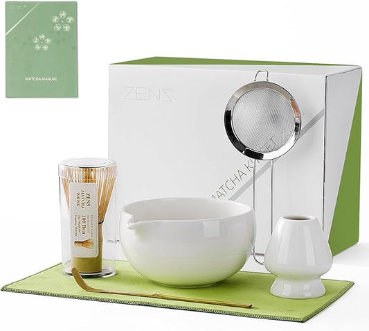 ZENS Matcha Whisk Set, 6pcs Matcha Kit Includes Ceramic Bowl, Handcrafted Bamboo Whisk and Chasen Holder, Scoop, 304 Sifter & Tea Mat，Matcha Set for Tea Ceremony,Latte Making, White