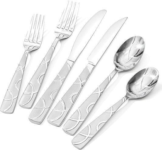 HIKAA 24PCS Stainless Steel Silverware Set with Steak Knives, Modern Flatware Set for Kitchen, Mirror Polished Cutlery Set with Forks, Spoons and Knives，Dishwasher Safe
