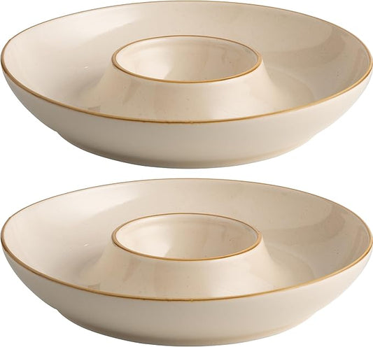 LEHAHA Porcelain Chip and Dip tray, Set of 2,12 inch Ceramic Serving Tray, Divided Serving dip Platter, Porcelain dip bowl, salsa bowl, Microwave and Dishwasher Safe, Dark Cream
