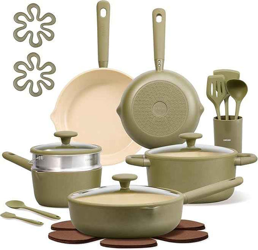 CAROTE 21pcs Cookware Set Nonstick Pots and Pans Set, Ceramic Cookware Set Induction Cookware, Non toxic Healthy Non Stick Kitchen Cooking Set, PFAS PTFE Free