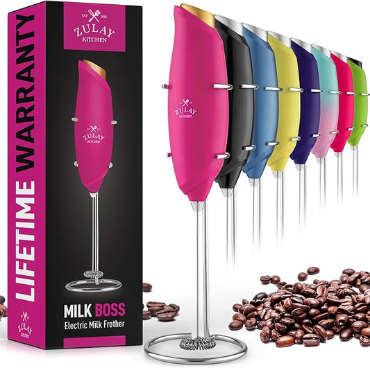 Zulay Kitchen Premium One-Touch Milk Frother for Coffee - Easy-Use Frother Handheld Foam Maker - Electric Whisk Drink Mixer for Cappuccino, Frappe, Matcha and Hot Chocolate (Hot Pink, Gold Button)