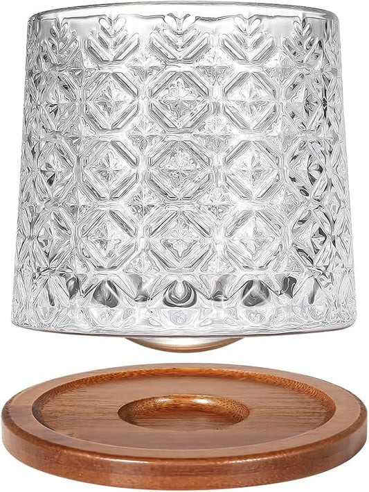 Rotatable Old Fashioned Glass Cup, 10oz/275ml Crystal Whiskey Glass, Wood Coaster, Thickening, Used as Rum Glass, Cocktail Cup, Coffee, Milk to Relax and Reduce Stress, Ideal Gift, Christmas gifts