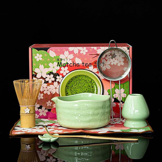 Matcha Set–7-Piece Set Including Matcha Bowl with Spout, Whisk, Chasen Holder, Sifter, Bamboo Scoop,Scoop Stand,wood spoon(Daisy Green)–Perfect for Matcha Lovers&Tea Ceremonies