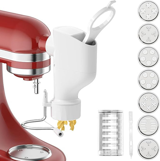 Gourmet Pasta Press Attachment for Kitchenai Stand Mixer, Pasta Maker Attachment with 7 Interchangeable Plates, Pasta Extruder Attachment for Spaghetti Bucatini Fusilli l Macaroni (Standard)