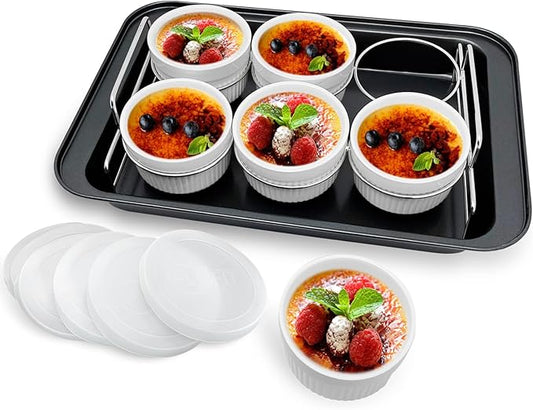 Ramekins Set with 6 Silicone Lids, Mothers Day Gifts Creme Brulee Making Set, Set of 6 Porcelain Ramekins, Oven Safe Covered Bowls & Soufflé Ramiken