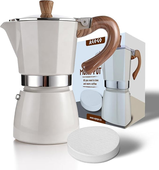 AGOGO Milano Moka Pot Stovetop Espresso Maker with 100 Paper Filters for Sediment-Free Coffee, Classic Italian Greca with Wood-Grain Handle,Cleaning Brush & Towel 6 Cup (10oz / 300ml) Cream