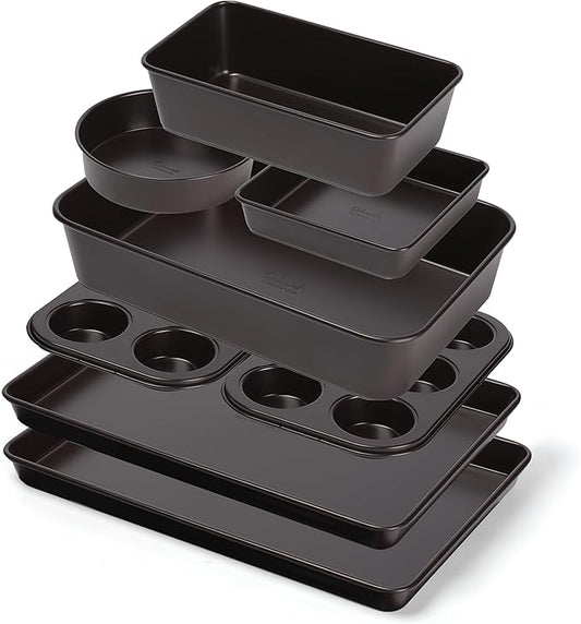 Nonstick Bakeware Set 8 Piece - Stackable Baking Pan Set, Oven safe 450°F, Carbon Steel Baking Set with Muffin, Loaf, Cookie Sheets & Roaster, Easy Storage, BPA-Free (Dark Brown)