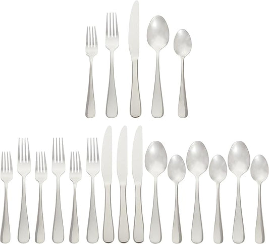 Amazon Basics Silverware Set, Stainless Steel Flatware, Dishwasher Safe, Service for 4, 20-Piece Forks and Spoons, Round Edge, Everyday Use