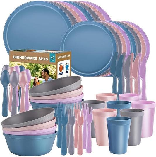 40 Piece Plastic Dinnerware Set for 8 with Cutlery, Unbreakable Plates and Bowls Set, Dishwasher & Microwave Safe Reusable Dish Set for Camping, RV, Outdoor Kitchen, Apartment Dining,Pastel Multicolo