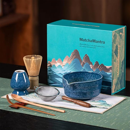 Artisan Matcha Whisk Set - 8 Pcs Premium Matcha Set with Bowl (Chawan), Bamboo Whisk & Tools | Matcha Kit for Making Breakfast/Latte | Gift for Matcha Lovers (Gem Blue)