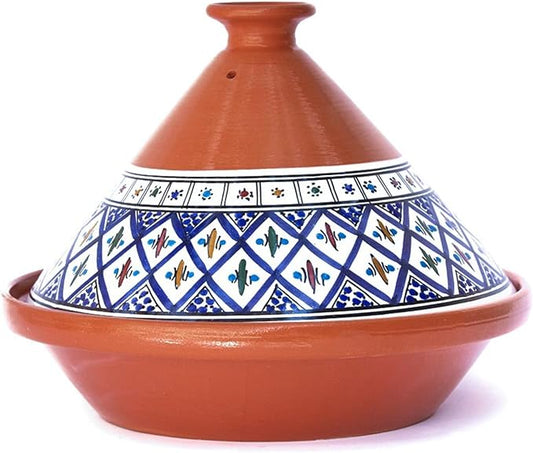Kamsah Tagine Pot for Cooking and Flavor Enrichment - Large Clay Pot 12”, 5.5 QT - Non-Stick Handmade Cookware - Moroccan Ceramic Pots for Cooking with Lid & Serving Bowl - Bohemian Classic Blue
