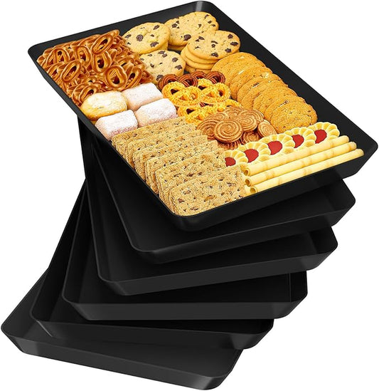 SpaceTrove 6-Pack Serving Tray Set, Reusable Plastic Serving Platter for Party Supplies, Entertaining, Grilling Accessories, Stackable Kitchen Snack Box Container for Dessert, Fruit, Cookie, (Black)