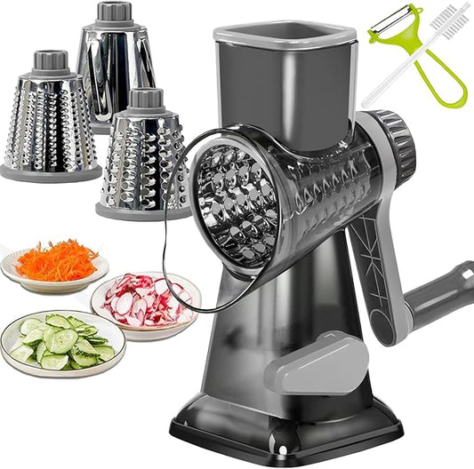 Cheese Grater Rotary Cheese Grater,Versatile Cheese Shredder,Blades for Shredding, Grating, Slicing,Cheese Shredder with Suction Base and Cleaning Brush Kitchen Gift (gray)