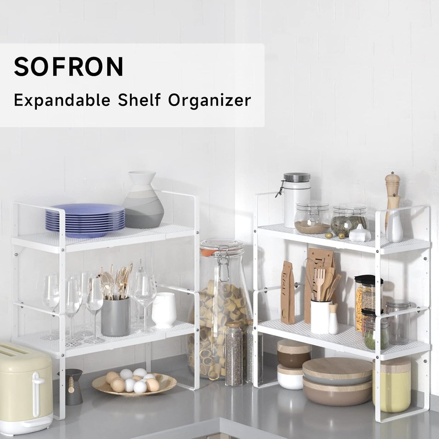 Expandable Cabinet Storage Shelf Stackable Organizer Rack for Kitchen Bathroom Pantry Spice Cupboard Coffee Countertop Home Office Desk Heavy Duty Nonslip White Small 3 Packs