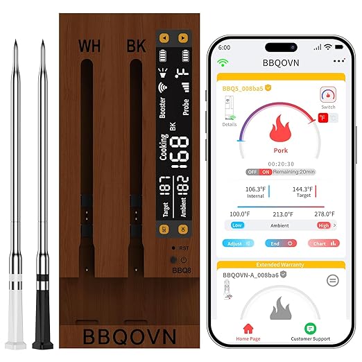 BBQOVN (Luxury Walnut Wood) WiFi Sub-1G Wireless Meat Thermometer Unlimited Range 7 NIST Certified Sensors with Ambient Temp 2 Temp Monitoring Ways Digital Smart Base and App for Smoker, Grill, Oven