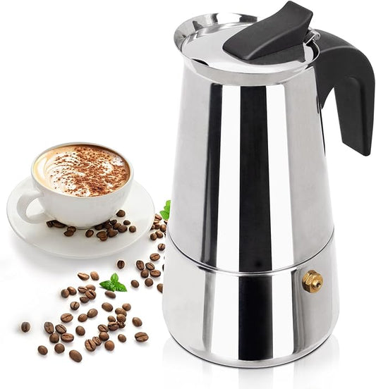 6 Cup 300ml Moka Pot Stainless Steel Espresso Coffee Maker Stovetop Coffeemaker Italian Classic Style Brewing Greca Cafe Mocha Machine for Cafeteras Lover Camping Travel and Home Use 10oz