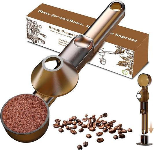 Coffee Scoop with Funnel for Ground Coffee, Protein Powder & Tea, for Reusable K Cup Refiller, 2TBSP Mess-Free, Funnel Design Prevents Spills (Translucent Brown, 1-Pack)