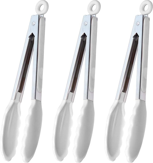 Silicone Kitchen Tongs 9-Inch Stainless Steel Basics Tongs with Non-Stick Silicone Tips, Set of 3 (White)