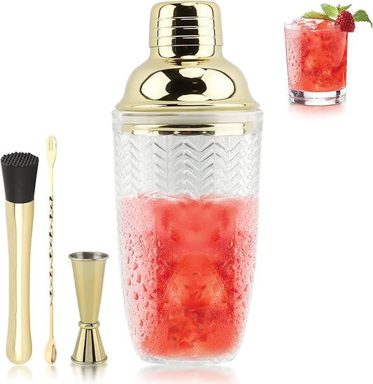 Glass Cocktail Shaker Set, Glass Bartender Kit with Measuring Jigger, Mixing Spoon, and Muddle, Premium Bar Tool Set for Crafting Martinis & Whiskey Cocktails Home Bar Accessories