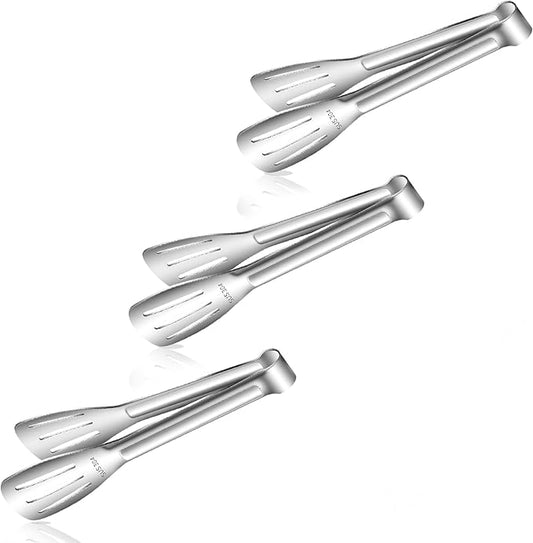 Stainless Steel Kitchen Tong Set - Anti-Slip Heat-Resistant Grip, Widened 3-Line Slotted Heads for Easy Clamping (Steaks, BBQ, Pasta, Salads), Easy Clean for Versatile Use Set of 3-6", Silver