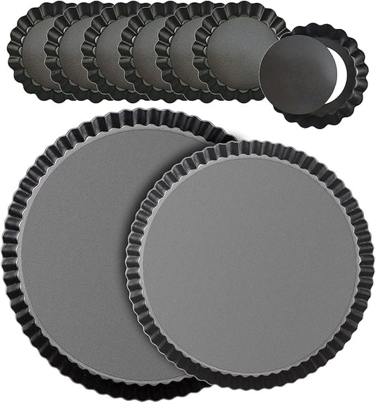 RICHSC-PAN Tart Pan Set, 11 & 9 Inch Tart Pans with 6Pcs 4 Inch Mini Pans. Removable Bottom, Non-Stick Coating, For Tart Quiche Pie Making. Suitable for Family Festivals and Gatherings.(8 Pack)
