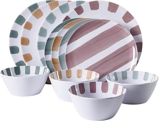Gibson Home Cottage Stripes 12-Piece Melamine Plates and Bowls Dinnerware Set - Outdoor, Camping, & Everyday Use - Assorted Colors