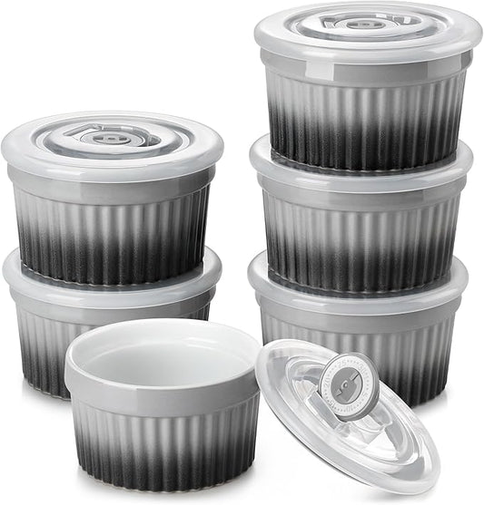 vancasso 8 oz Ramekins with Lid, Porcelain Creme Brulee Souffle Dishes, Grey Pudding Custard Cups Ramiken for Baking, Dishwasher and Oven Safe, Set of 6