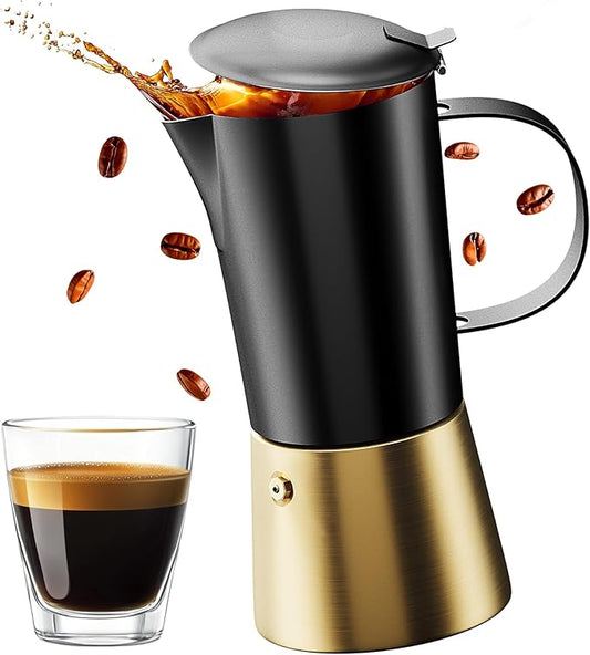 Stovetop Espresso Maker, Stainless Steel Moka Pot 6 Cup, Gold Espresso Maker (12 fl oz), Italian Coffee Pot, Compatible with Gas, Electric and Induction, Black & Gold Finish