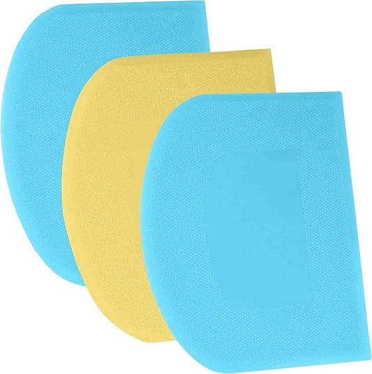 SURDOCA Dough Scraper Bench Scraper - 3P 14.2x8.5" Plastic Flexible Bowl Scraper, Sharp Edge & Angles Cake Scraper. Non-Slip Bakeware Decorating Tools Sculpting & Modeling Tools - Blue+Yellow+Blue