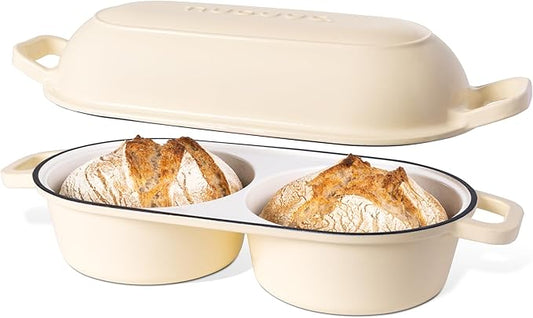Dutch Oven For Sourdough Bread Baking – Enamelled Cast Iron Bread Loaf Pot – 500°F Oven Safe Non Stick Bread Pot – Double Round Loaf Space, 16.5cm Diameter, Cream, – by Nuovva