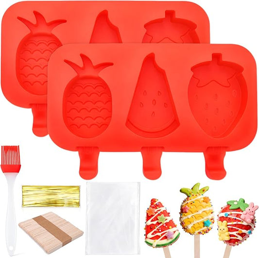 Juome Cake Pop Mold Kit, 6 Cavities Fruit Shape Cakesicle Molds Silicone with 100 Wooden Sticks&100 Packaging Bags with Ties, Cake Pop Maker Supplies Accessories, Baking Tools for Home Baking Desserts