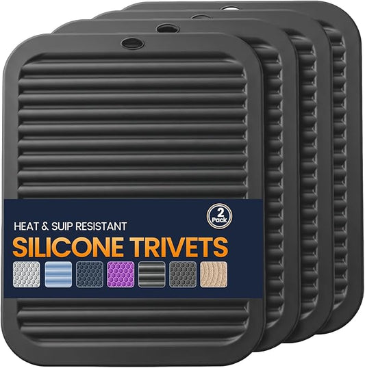 Silicone Trivet Mats 4 Heat Resistant Pot Holders Multipurpose Non-Slip Hot Pads for Kitchen Potholders, Drying mat, Jar Opener, Spoon Holder, Coaster.(Pitch Black)
