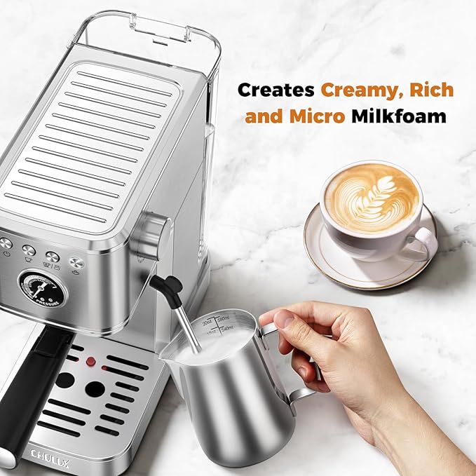 CHULUX Elite Espresso Machine 20 Bar, Compact Stainless Steel Hot and Ice Espresso Coffee Maker with Steam Wand for Americano, Latte, Cappuccino & Home Barista Brewing, Sliver