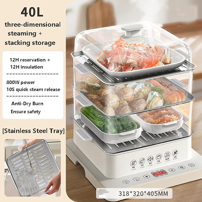 3 Layers/40l Food Steamer 800w Electric Multicookers | Automatic Heat Preservation Steamer Cookware | Touch The Visual Panel Hot Food Heater | Foldable Split Design