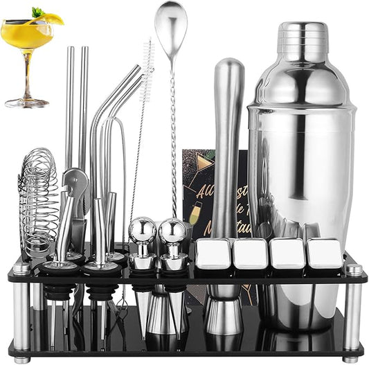 25-Piece Cocktail Shaker Set, Stainless Steel Bartender Kit with Acrylic Stand & Cocktail Recipes Booklet, Professional Bar Tools for Drink Mixing, Home, Bar, Party (Include 4 Whiskey Stones)