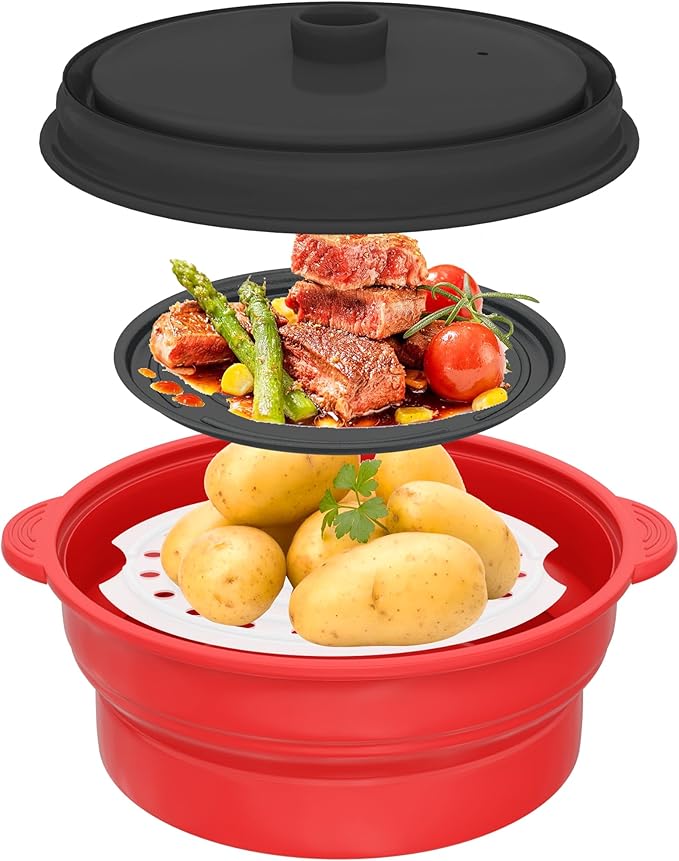 Microwave Steamer for Vegetables | Microwave Grill Pan & Steamer Bowl | Microwave Silicone Cookware | Microwave Popcorn Popper | Dishwasher Safe