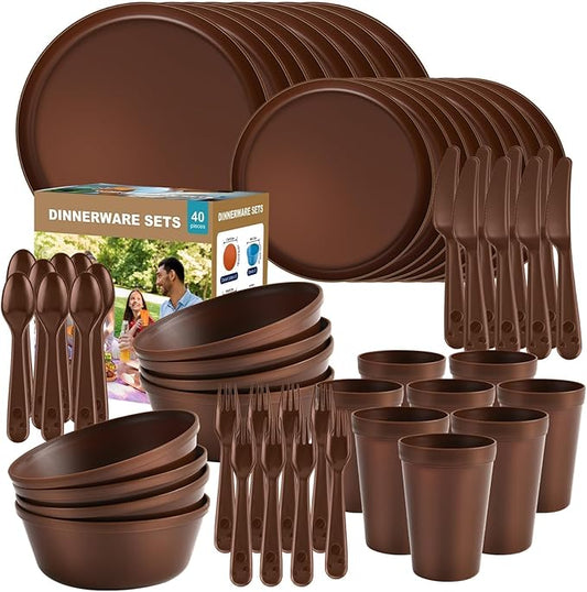 40 Piece Plastic Dinnerware Set for 8 with Cutlery, Unbreakable Plates and Bowls Set, Dishwasher & Microwave Safe Reusable Dish Set for Camping, RV, Outdoor Kitchen, Apartment Dining, Brown