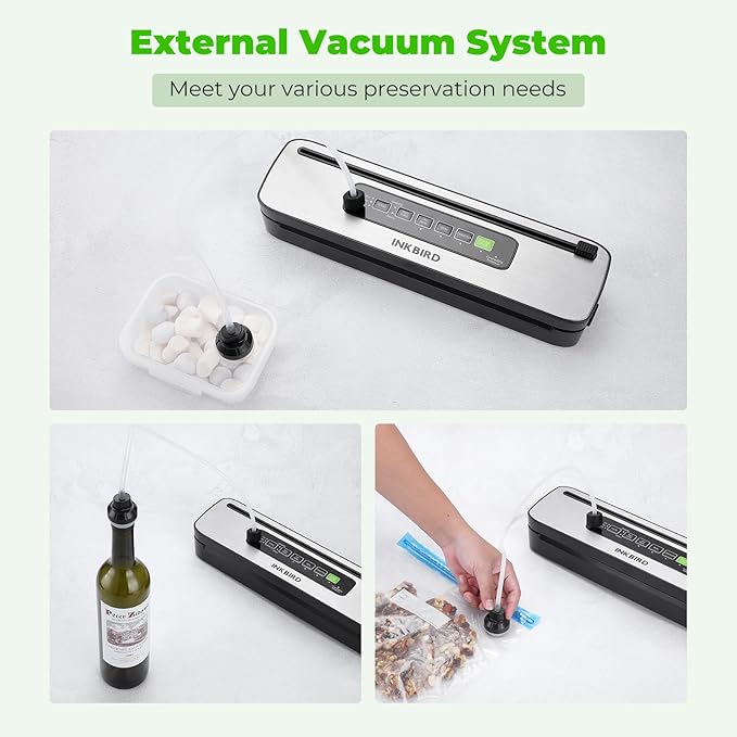 Vacuum Sealer Machine, INKBIRD Powerful 130W High Power with Liquid/Moist/Dry 6-Food Modes, Compact Food Preservation System with Cutter, Full Start Kit with Pre-cut Bags*10 (8''*11.8''), EXT-VAC
