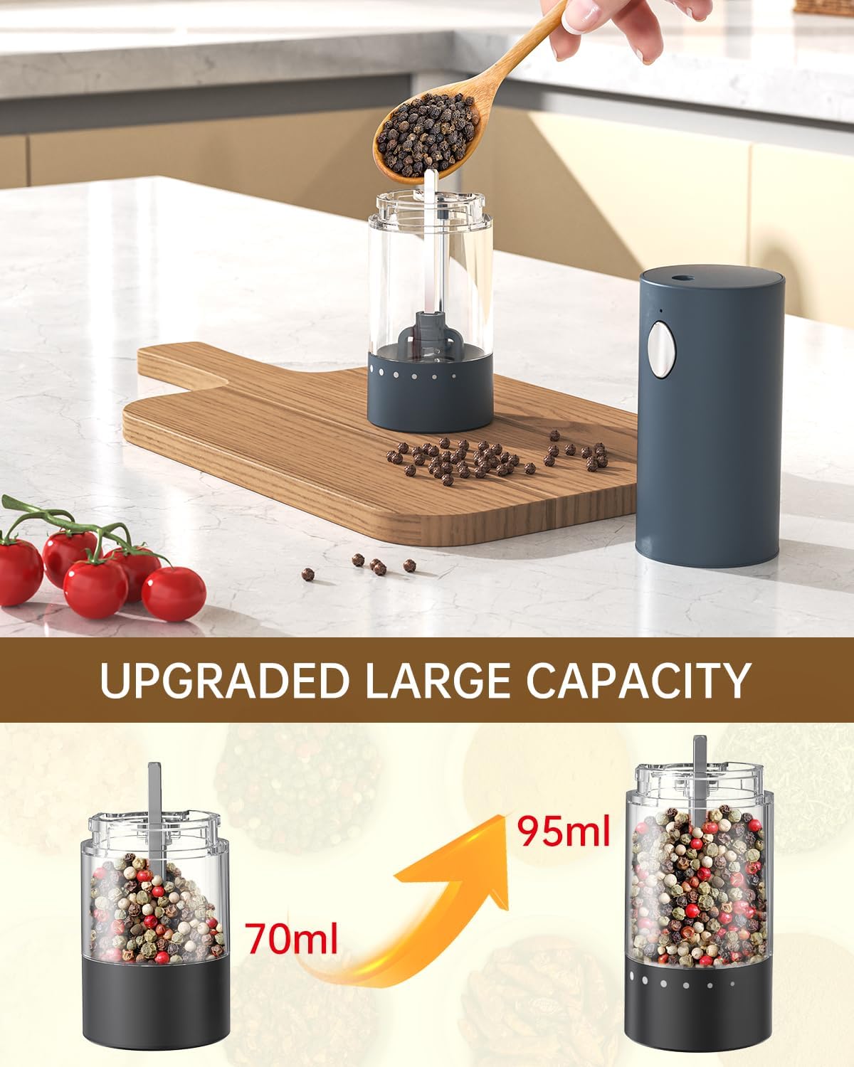 CIRCLE JOY Electric Salt and Pepper Grinder Set Rechargeable Salt and Pepper Mills with Storage Base, Adjustable Coarseness and LED White Light, Washable 95ml Container, Blue