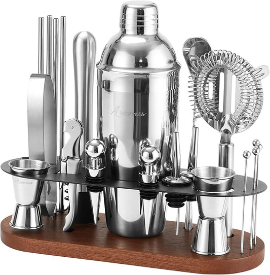 23-Piece Bartender Kit, Cocktail Shaker Set with Stand | Bar Set Drink Mixer Set with All Essential Bar Tools: Martini Shaker,Bar Mixer Spoon, Jigger, Strainer, Muddler, Pourers, for Home, Bar, Party