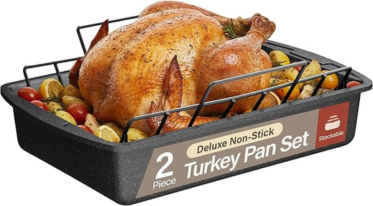 BAKKEN Nonstick Turkey Roasting Pan with Rack – Large Heavy-Duty Carbon Steel Roaster with Wide Handles, Ideal for Roasting, Baking & Grilling, Oven Safe up to 450°F, Gray Marble Finish 17 x 13-Inch
